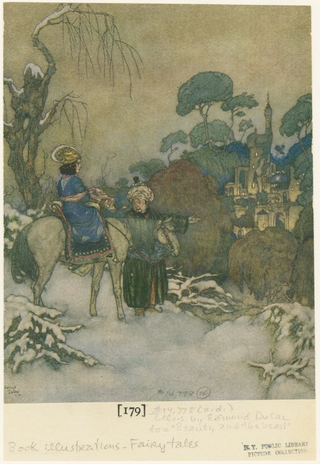 “Soon they caught sight of the castle in the distance.” Edmund Dulac, 1910. Via the New York Public Library’s digital collections.